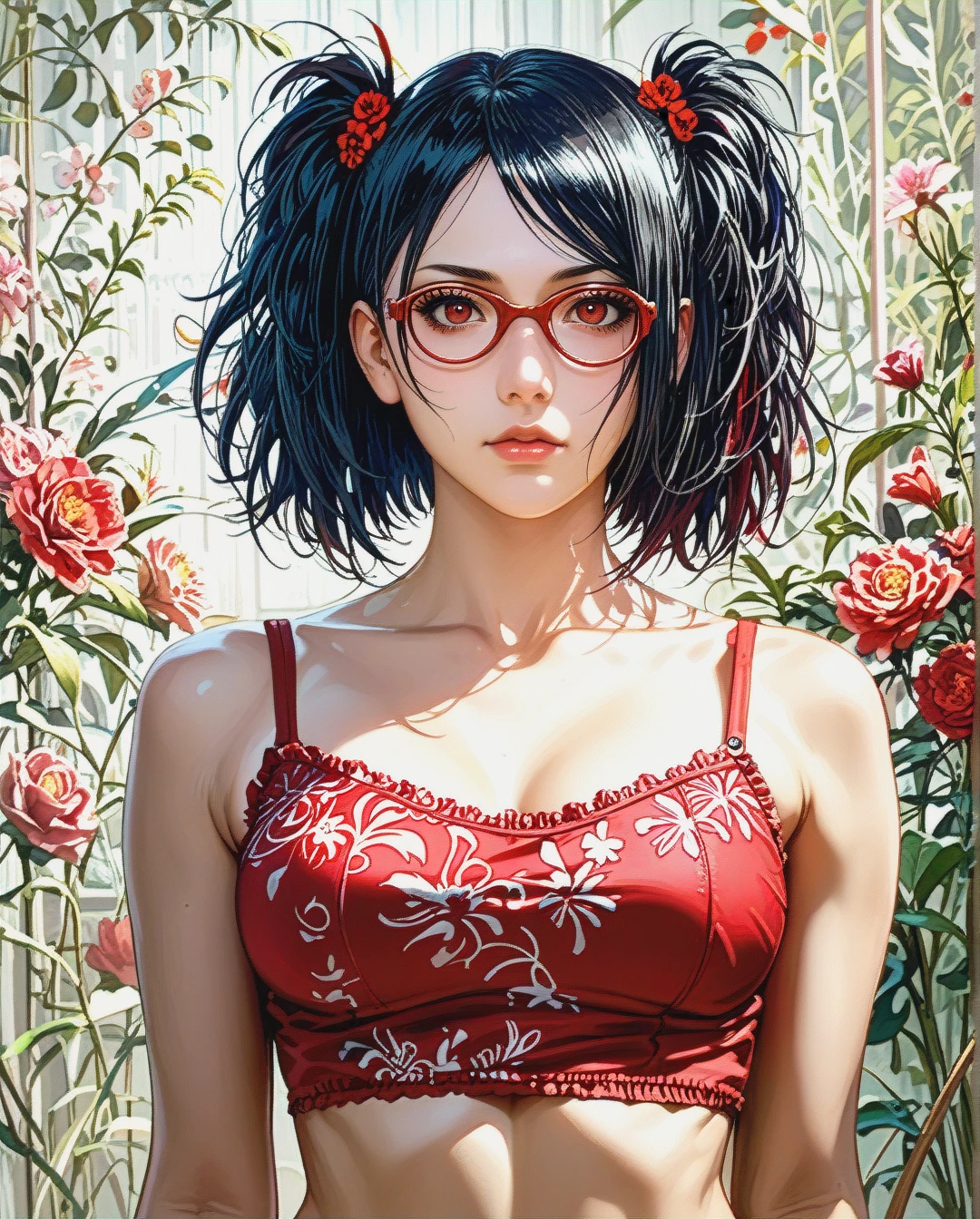 @sarada_uchiha attack on Titan Twintails, Realistic Realistic, crop top camisole pink floral,face