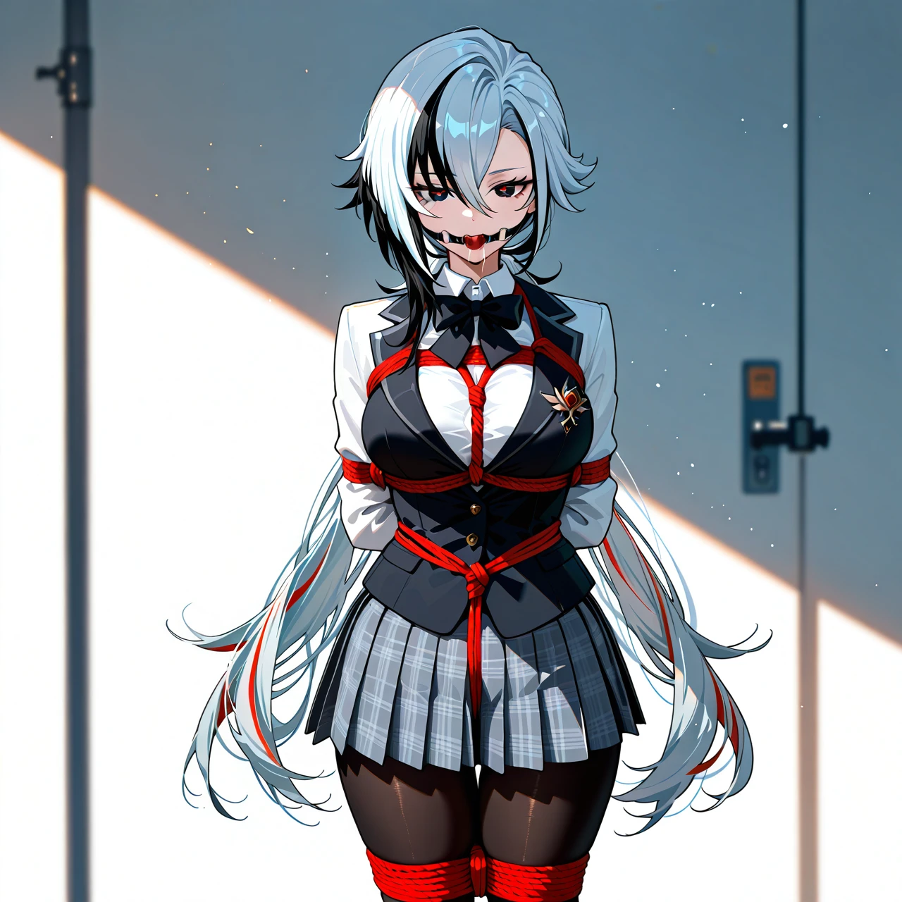 1girl, alternate costume, alternate hairstyle, arlecchino \(genshin impact\), black bow, black bowtie, black eyes, black hair, black pantyhose, black vest, blazer, bow, bowtie, breasts,  collared shirt, contemporary, grey hair, grey skirt, hair between eyes, jacket, large breasts, long hair, long sleeves, multicolored hair, pantyhose, plaid, plaid skirt, pleated skirt, red pupils, school uniform, shirt, skirt, solo, standing, streaked hair, very long hair, vest, white background, white hair, white jacket, white shirt, x-shaped pupils, heels, bondage, gagged, gag, ball gag, bound, bound ankles, bound arms, bound legs, rope pattern on chest, red rope, (bondage), (shibari), saliva