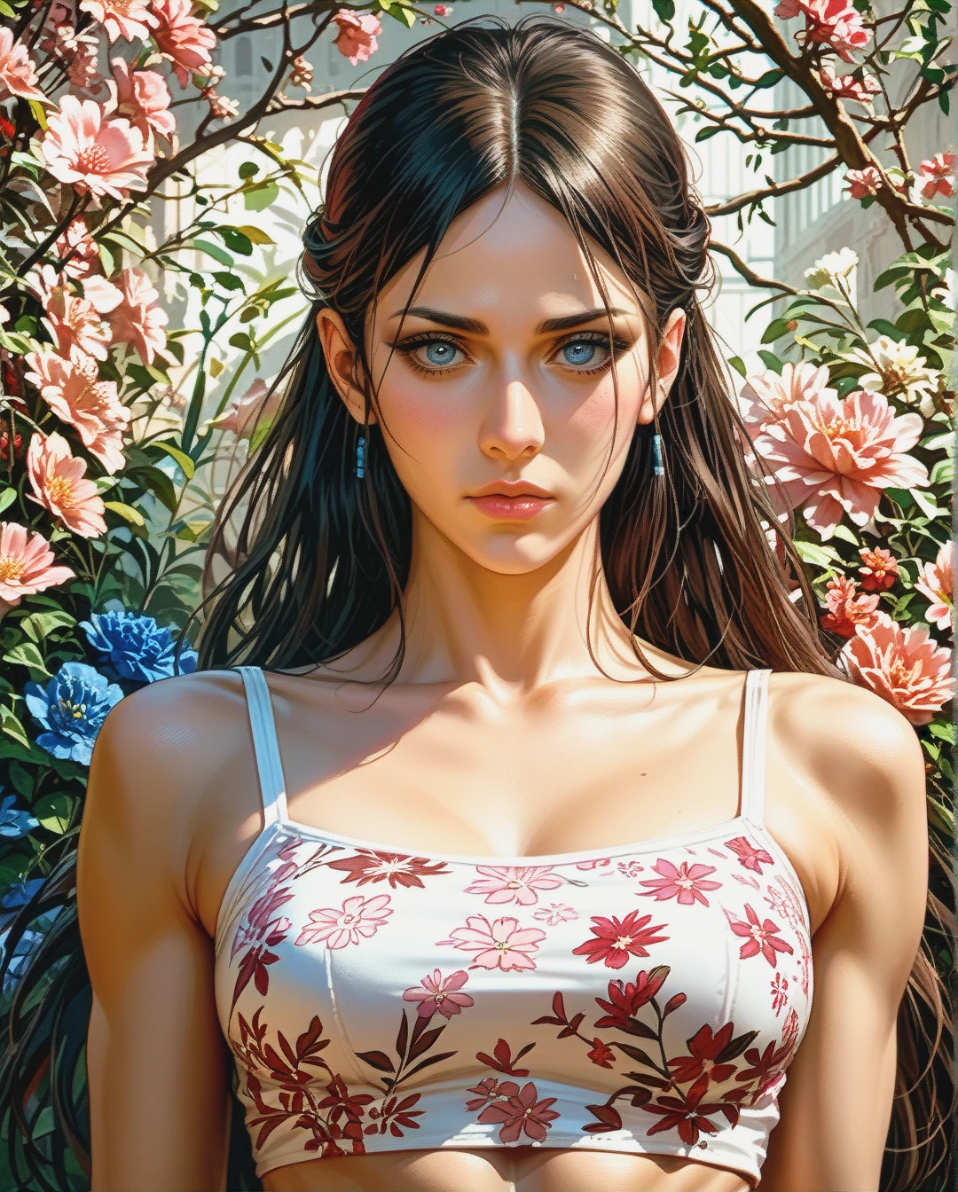 Katara  attack on Titan , Realistic Realistic, crop top camisole pink floral,face