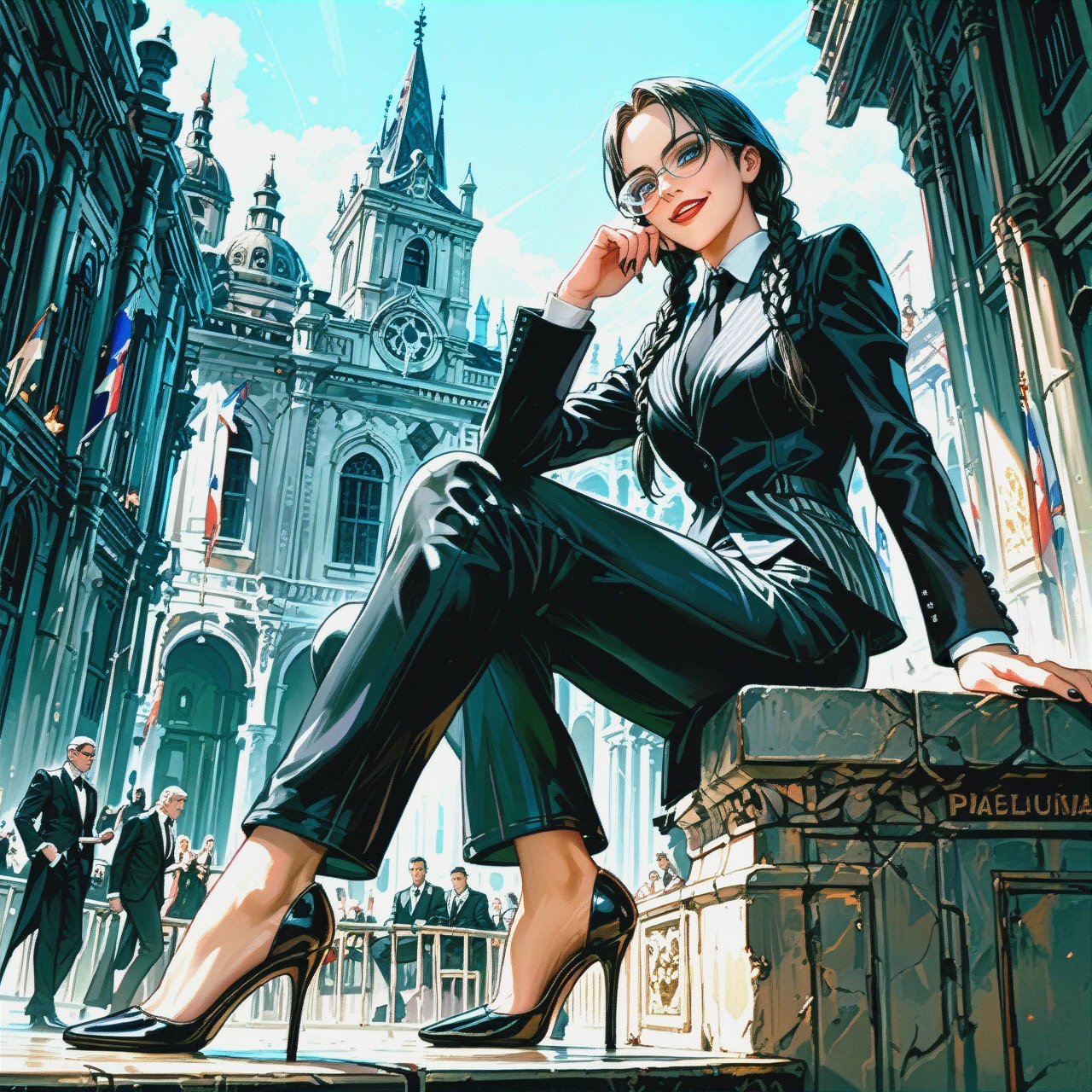 Wednesday Addams, sitting on a pedestal, smiling, glasses, jacket, trousers, high heels. Arena.