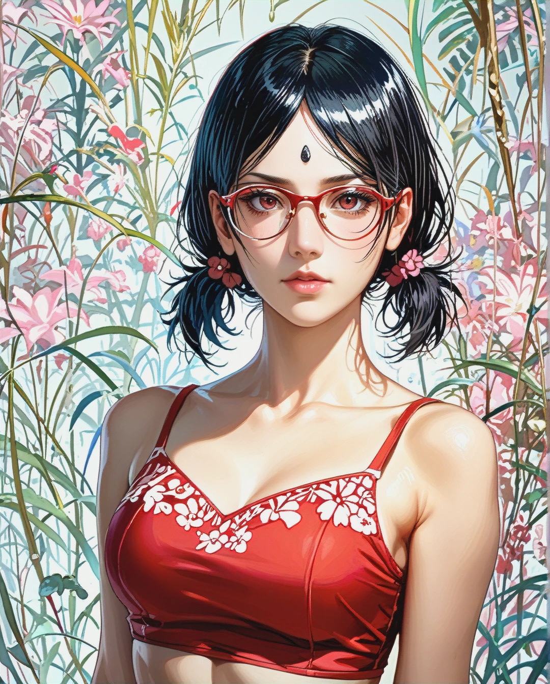 @sarada_uchiha attack on Titan Twintails, Realistic Realistic, crop top camisole pink floral,face