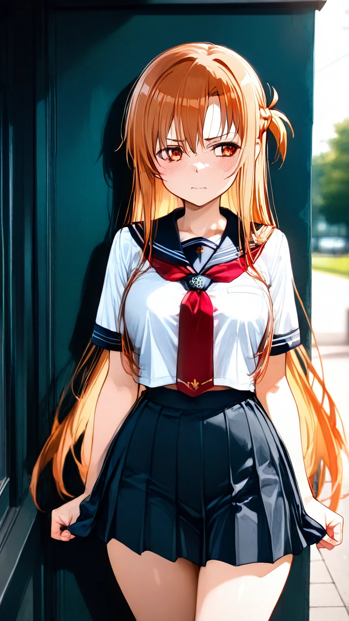 Schoolgirl costume, in the park, unhappy face, pulled up skirt. @asuna_sao