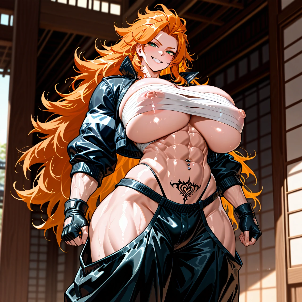 (tianzhong zhongtian), (solo), (muscular female), (big muscles), (standing), (grin), (ope crop jacket), (nipple bulge), (sarashi), (baggy pants), (hip vent), (highleg thong under pants), (navel piercing), (crotch tattoo), (huge mane), (wild frizzy hair), (ginger hair), (abs), (huge breasts), (wide hips), (huge thighs)