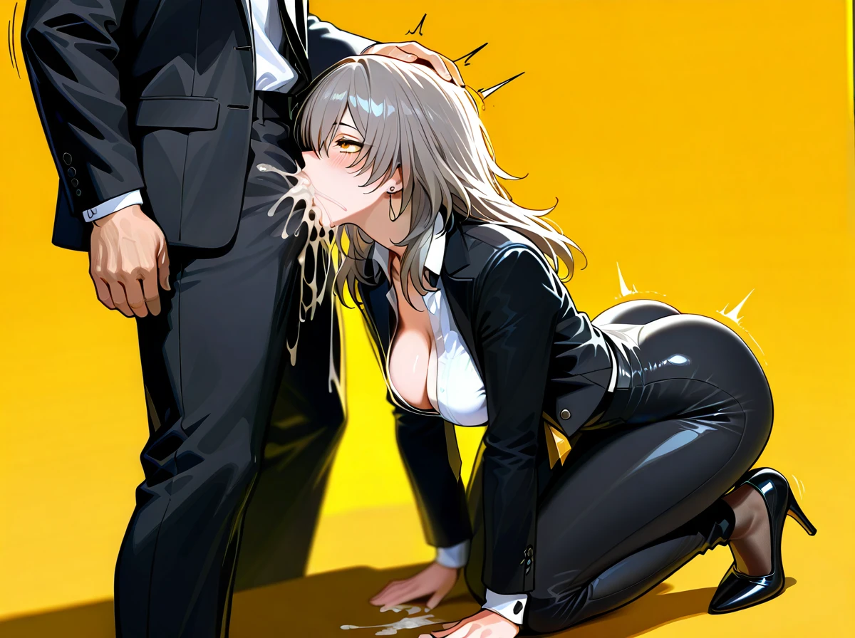 1boy, nude boy, (clothed_female_nude_male), boy is sitting,  1girl, black jacket, black necktie, black pants, breasts, cleavage, collared shirt, dress shirt, earrings, formal, grey hair, hair between eyes, high-waist pants, classic jacket, jewelry, large breasts, long hair, long sleeves, medium breasts, necktie, open clothes, open jacket, classic pants, parted lips, shirt, shirt tucked in, stelle (honkai: star rail), suit, white shirt, yellow background, yellow eyes, heels, black tie, black stockings, saliva, full body, (standing), (bent_over), (deepthroat),  head grab,  Throatpie. Excessive cum.  (from_behind), (ass_focus), view from behind,