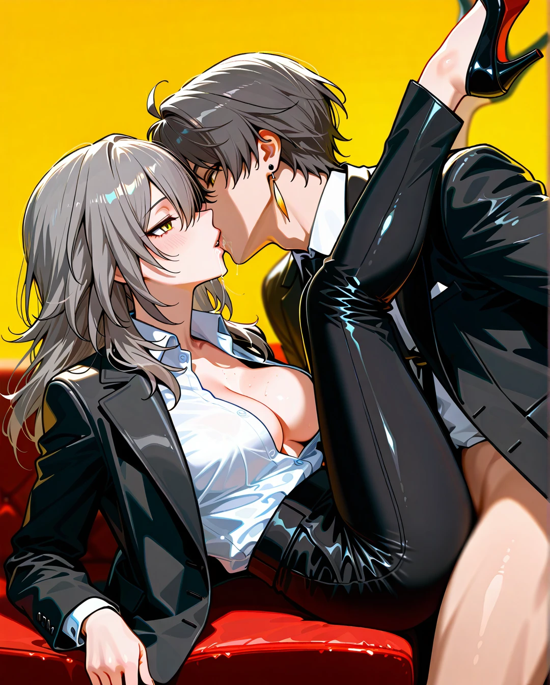 1boy, nude boy, 1girl, black jacket, black necktie, black pants, breasts, cleavage, collared shirt, dress shirt, earrings, formal, grey hair, hair between eyes, high-waist pants, classic jacket, jewelry, large breasts, long hair, long sleeves, medium breasts, necktie, open clothes, open jacket, classic pants, parted lips, shirt, shirt tucked in, stelle (honkai: star rail), suit, white shirt, yellow background, yellow eyes, heels, black tie, black stockings, saliva, full body, (legs_up), kissing, (breasts_out),(clothed_female_nude_male), (sex_from_behind), on weight