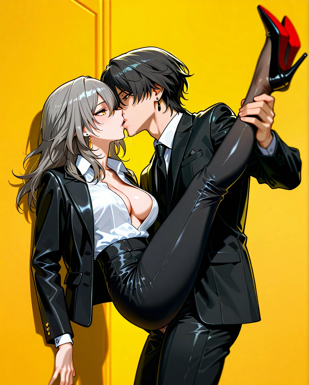 1boy, nude boy, 1girl, black jacket, black necktie, black pants, breasts, cleavage, collared shirt, dress shirt, earrings, formal, grey hair, hair between eyes, high-waist pants, classic jacket, jewelry, large breasts, long hair, long sleeves, medium breasts, necktie, open clothes, open jacket, classic pants, parted lips, shirt, shirt tucked in, stelle (honkai: star rail), suit, white shirt, yellow background, yellow eyes, heels, black tie, black stockings, saliva, full body, (legs_up), kissing, (breasts_out),(clothed_female_nude_male), thighjob, sex on weight