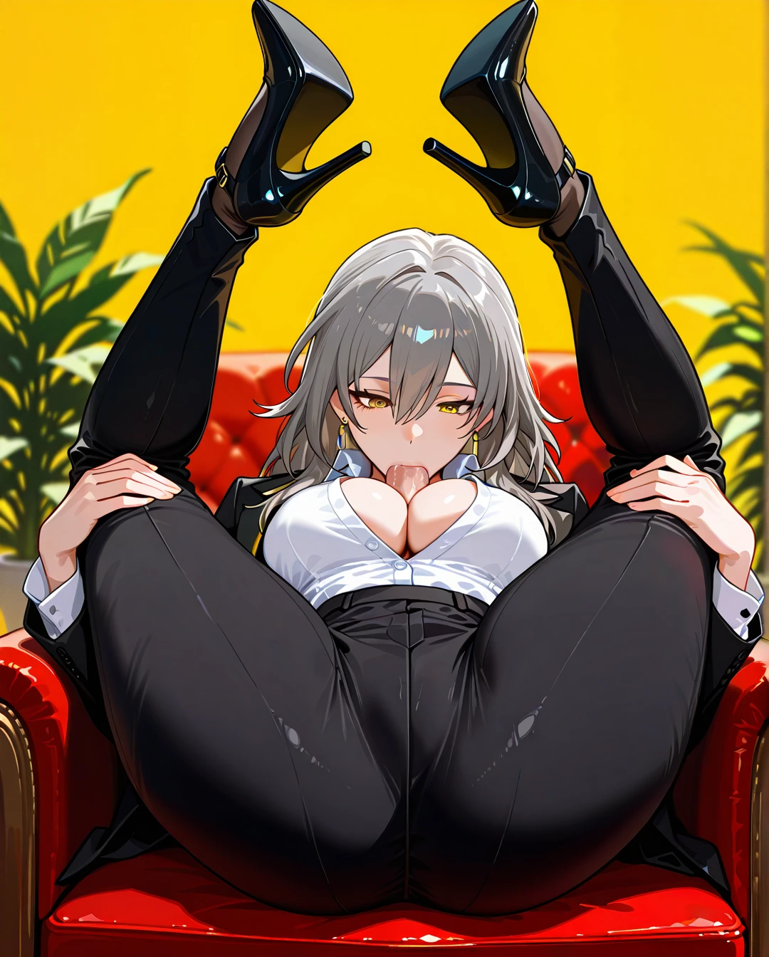 1boy, 1girl, black pants, breasts, cleavage, collared shirt, dress shirt, earrings, formal, grey hair, hair between eyes, high-waist pants, jewelry, large breasts, long hair, long sleeves, medium breasts, open clothes, classic pants, parted lips, shirt, shirt tucked in, stelle (honkai: star rail), suit, white shirt, yellow background, yellow eyes, heels, black stockings, saliva, full body,   (hugging_own_legs), (spread_legs), (legs_up), (ass_focus), (fellatio)