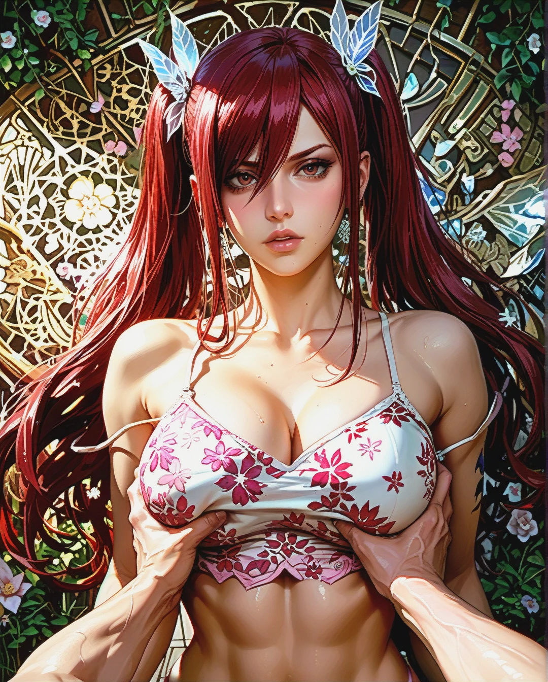 @erza_scarlet mature attack on Titan Twintails, Realistic Realistic,crop top camisole pink floral,sex grabbing chest