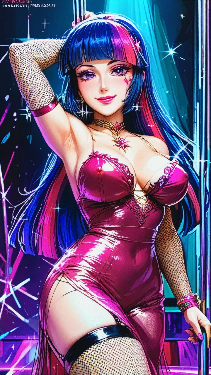 Twilight Sparkle (Equestria Girls)(sexy, curvy body, big tits, sparkle tattoo, pink lipstick, body swet, fishnet stockings, fishnet sleeves, see-through dress, seductive smile), (Home, pole dance, private show)