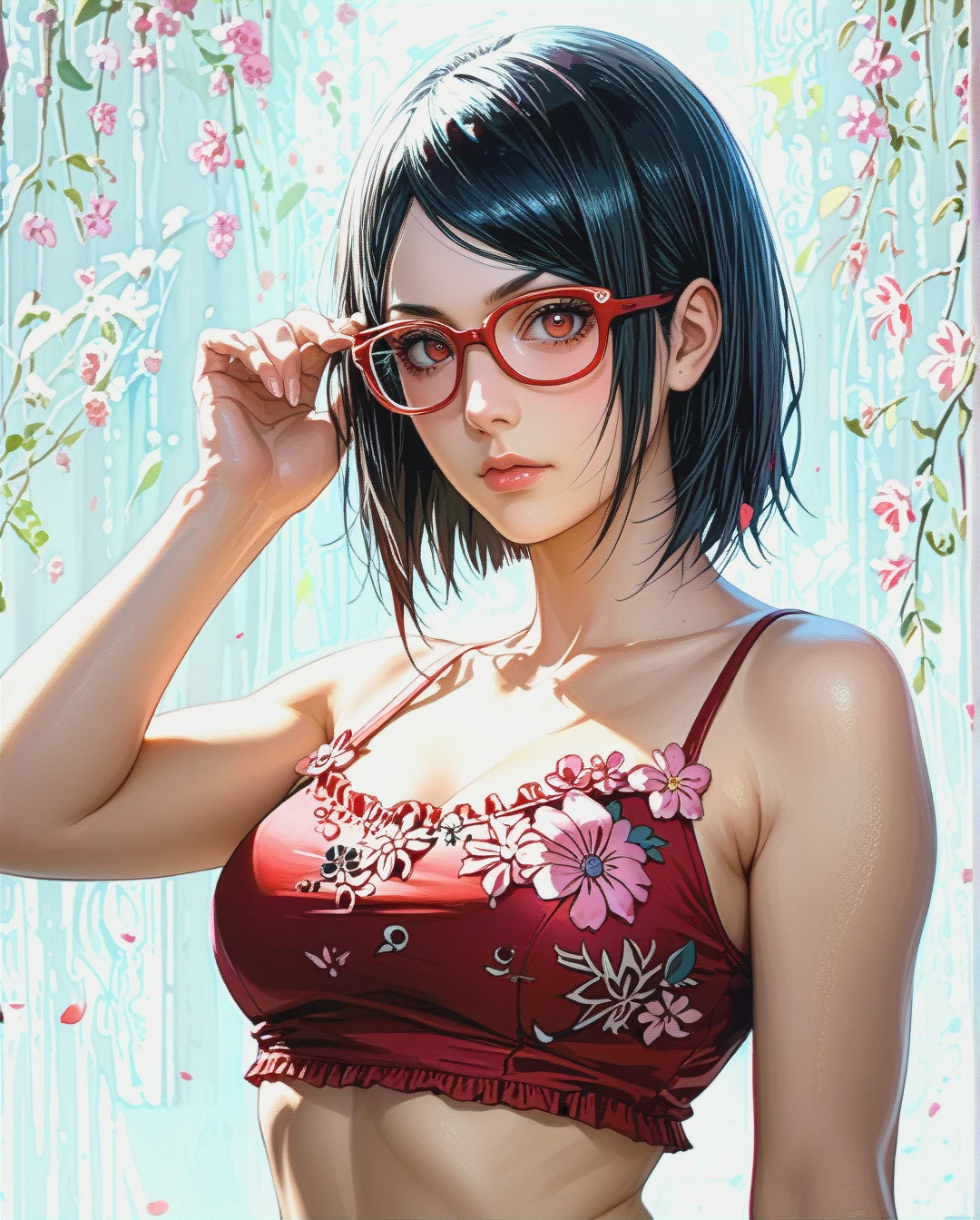 @sarada_uchiha attack on Titan Twintails, Realistic Realistic, crop top camisole pink floral,face