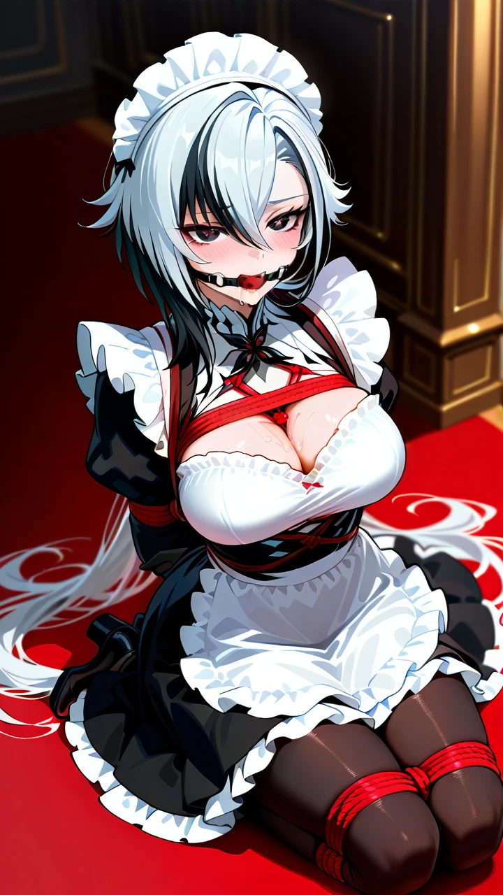 1girl, alternate costume, apron, arlecchino \(genshin impact\), black dress, black eyes, black gloves, black hair, blush, breasts, dress, enmaided, frilled apron, frills, gloves, grey hair, hair between eyes, juliet sleeves, large breasts, long hair, long sleeves, maid apron, maid headdress, multicolored hair, pantyhose, parted lips, puffy sleeves, red pupils, solo, streaked hair, symbol-shaped pupils, teeth, very long hair, white apron, white hair, x-shaped pupils, Mary Jane shoes, bondage, gagged, gag, ball gag, bound, bound ankles, bound arms, bound legs, rope pattern on chest, red rope, (bondage), (shibari), saliva