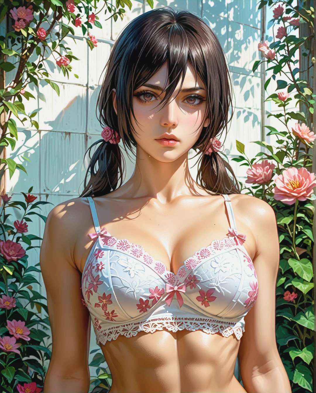 Mikasa Ackerman mature attack on Titan Twintails, Realistic Realistic,crop top camisole pink floral mix white bra