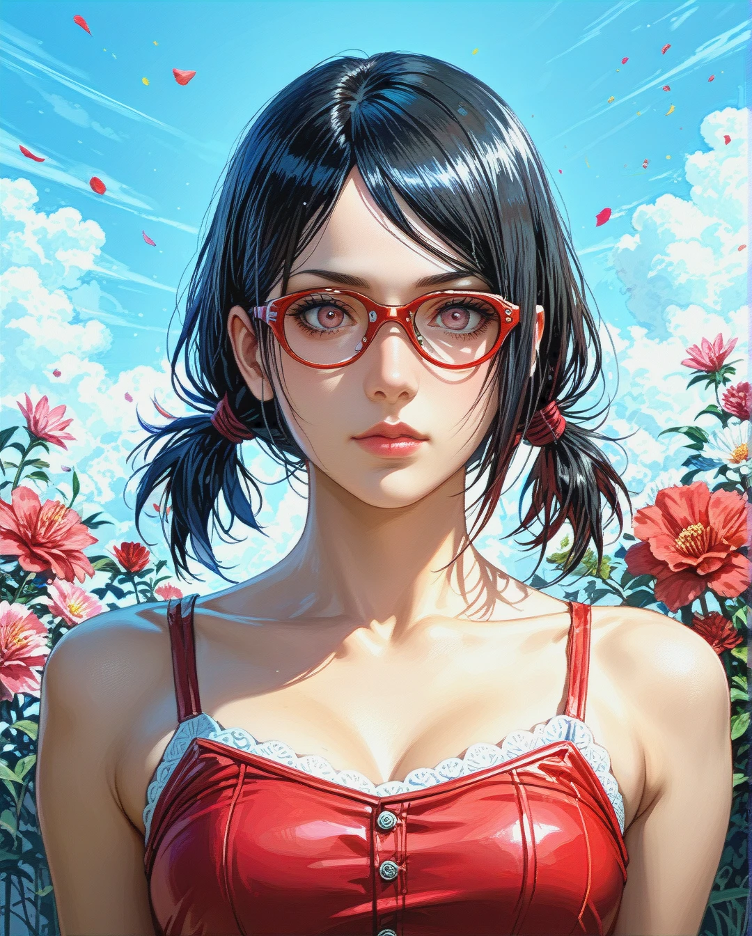 @sarada_uchiha attack on Titan Twintails, Realistic Realistic, crop top camisole pink floral,face