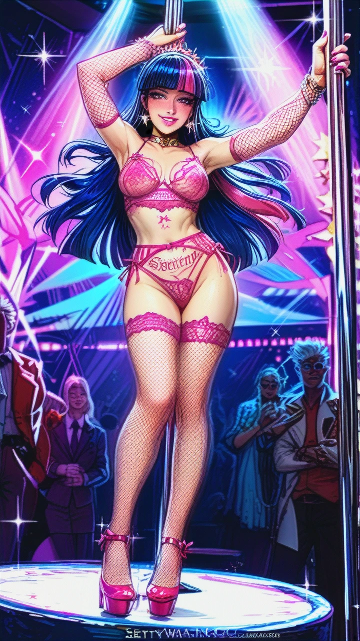 Twilight Sparkle (Equestria Girls)(sexy body, big tits, sparkles tattoo, pink lipstick, swety body, fishnet stockings, fishnet sleeves, seductive see-through lingerie, heels, seductive smile), (Home, pole dancing, private show)