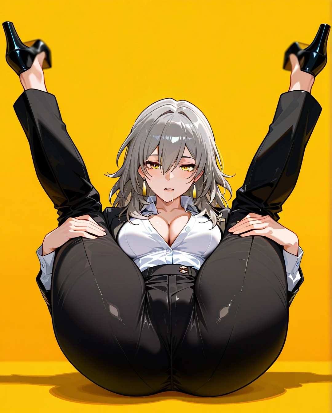 1girl, black pants, breasts, cleavage, collared shirt, dress shirt, earrings, formal, grey hair, hair between eyes, high-waist pants, jewelry, large breasts, long hair, long sleeves, medium breasts, open clothes, classic pants, parted lips, shirt, shirt tucked in, stelle (honkai: star rail), suit, white shirt, yellow background, yellow eyes, heels, black stockings, saliva, full body,   (hugging_own_legs), (spread_legs), (legs_up), (ass_focus)