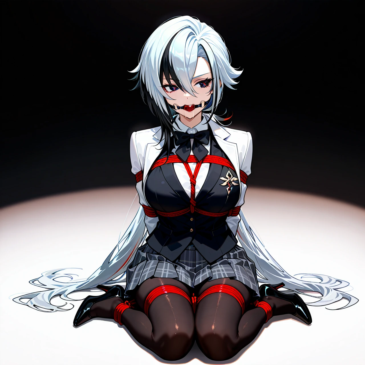 1girl, alternate costume, alternate hairstyle, arlecchino \(genshin impact\), black bow, black bowtie, black eyes, black hair, black pantyhose, black vest, blazer, bow, bowtie, breasts,  collared shirt, contemporary, grey hair, grey skirt, hair between eyes, jacket, large breasts, long hair, long sleeves, multicolored hair, pantyhose, plaid, plaid skirt, pleated skirt, red pupils, school uniform, shirt, skirt, solo, streaked hair, very long hair, vest, white background, white hair, white jacket, white shirt, x-shaped pupils, heels, bondage, gagged, gag, ball gag, bound, bound ankles, bound arms, bound legs, rope pattern on chest, red rope, (bondage), (shibari), saliva