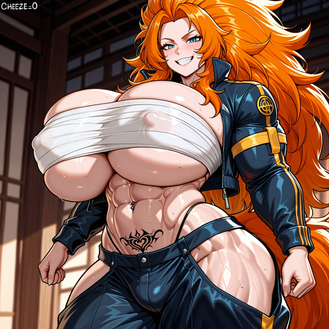 (cheekie0), (solo), (muscular female), (big muscles), (standing), (grin), (ope crop jacket), (sarashi), (erect nipples under clothes), (baggy pants), (hip vent), (highleg thong under pants), (navel piercing), (crotch tattoo), (huge mane), (wild frizzy hair), (ginger hair), (abs), (gigantic breasts), (wide hips), (huge thighs)