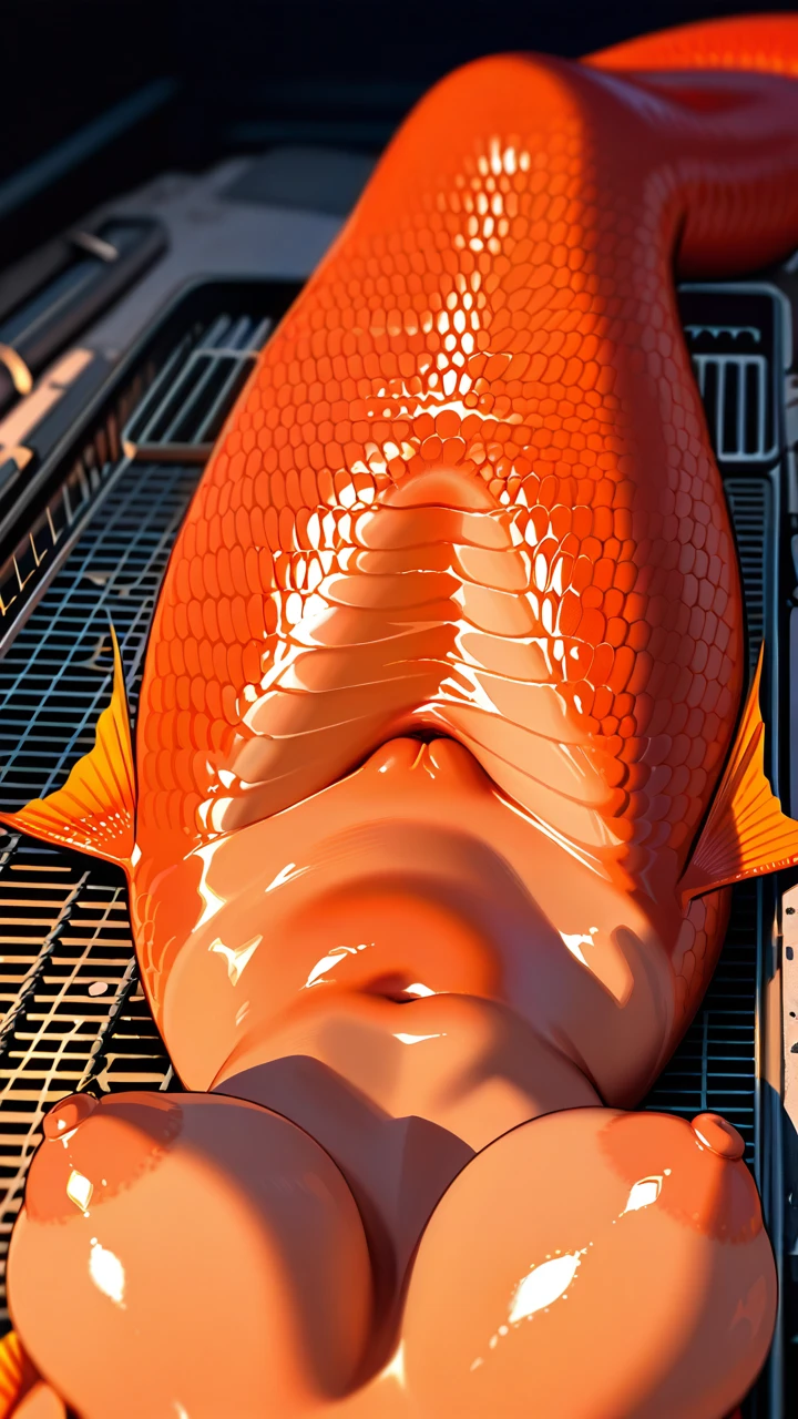 A beautiful and cute girl, a mermaid, half human half fish, fish fins,Completely naked, her pussy clearly visible, Laying on the Grill, roasting, (full_body) (shy) His entire body was clearly visible, (large_areolae) (puffy_nipples) From her vagina came fish eggs the size of salmon eggs.