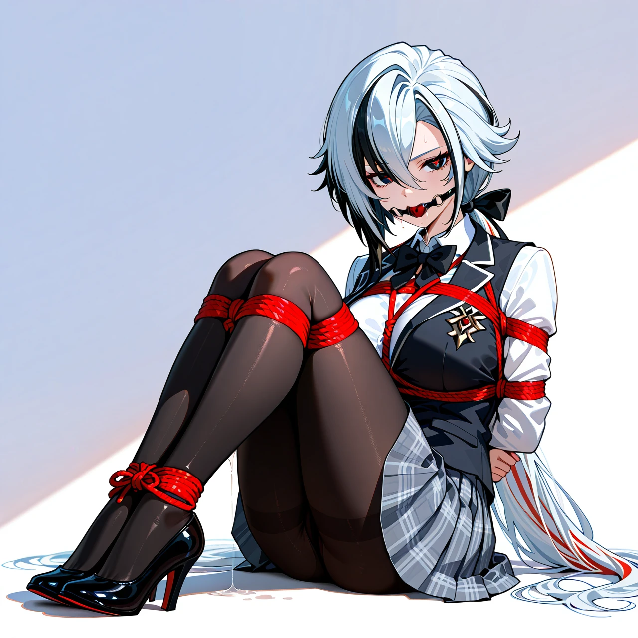 1girl, alternate costume, alternate hairstyle, arlecchino \(genshin impact\), black bow, black bowtie, black eyes, black hair, black pantyhose, black vest, blazer, bow, bowtie, breasts,  collared shirt, contemporary, grey hair, grey skirt, hair between eyes, jacket, large breasts, long hair, long sleeves, multicolored hair, pantyhose, plaid, plaid skirt, pleated skirt, red pupils, school uniform, shirt, skirt, solo, streaked hair, very long hair, vest, white background, white hair, white jacket, white shirt, x-shaped pupils, heels, bondage, gagged, gag, ball gag, bound, bound ankles, bound arms, bound legs, rope pattern on chest, red rope, (bondage), (shibari), saliva