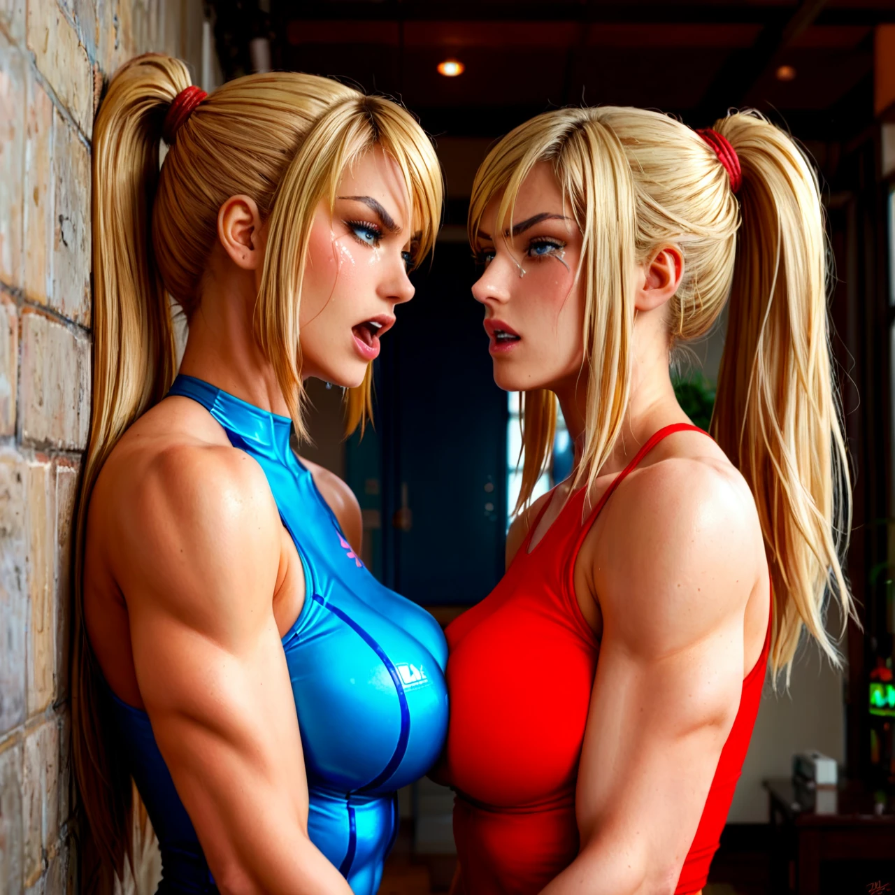 2 girls, fucked by muscular orc, tied up arms back, press to wall @igawa_asagi and @samus_aran one next other, clothed, (angry) (crying) (screaming)