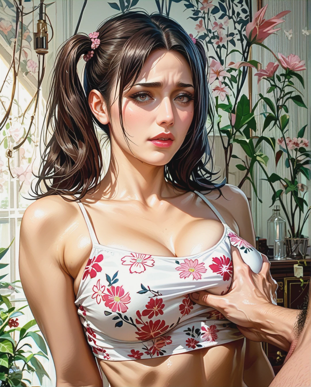 Kim minji mature attack on Titan Twintails, Realistic Realistic,crop top camisole pink floral,sex grabbing chest