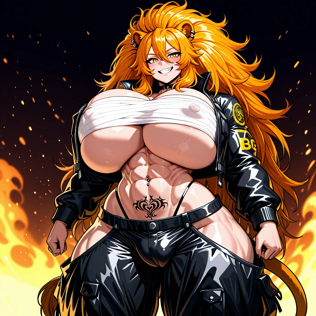 (kingbang), (solo), (lion girl), (muscular female), (big muscles), (standing), (grin), (ope crop jacket), (sarashi), (erect nipples under clothes), (baggy pants), (hip vent), (highleg thong under pants), (navel piercing), (ear piercing), (crotch tattoo), (huge mane), (wild frizzy hair), (ginger hair), (yellow eyes), (abs), (gigantic breasts), (wide hips), (huge thighs), (huge cameltoe)