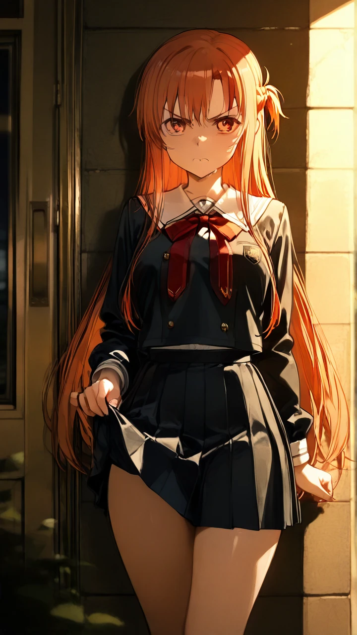 Schoolgirl costume, in the park, (angry),  (skirt_lift) @asuna_sao