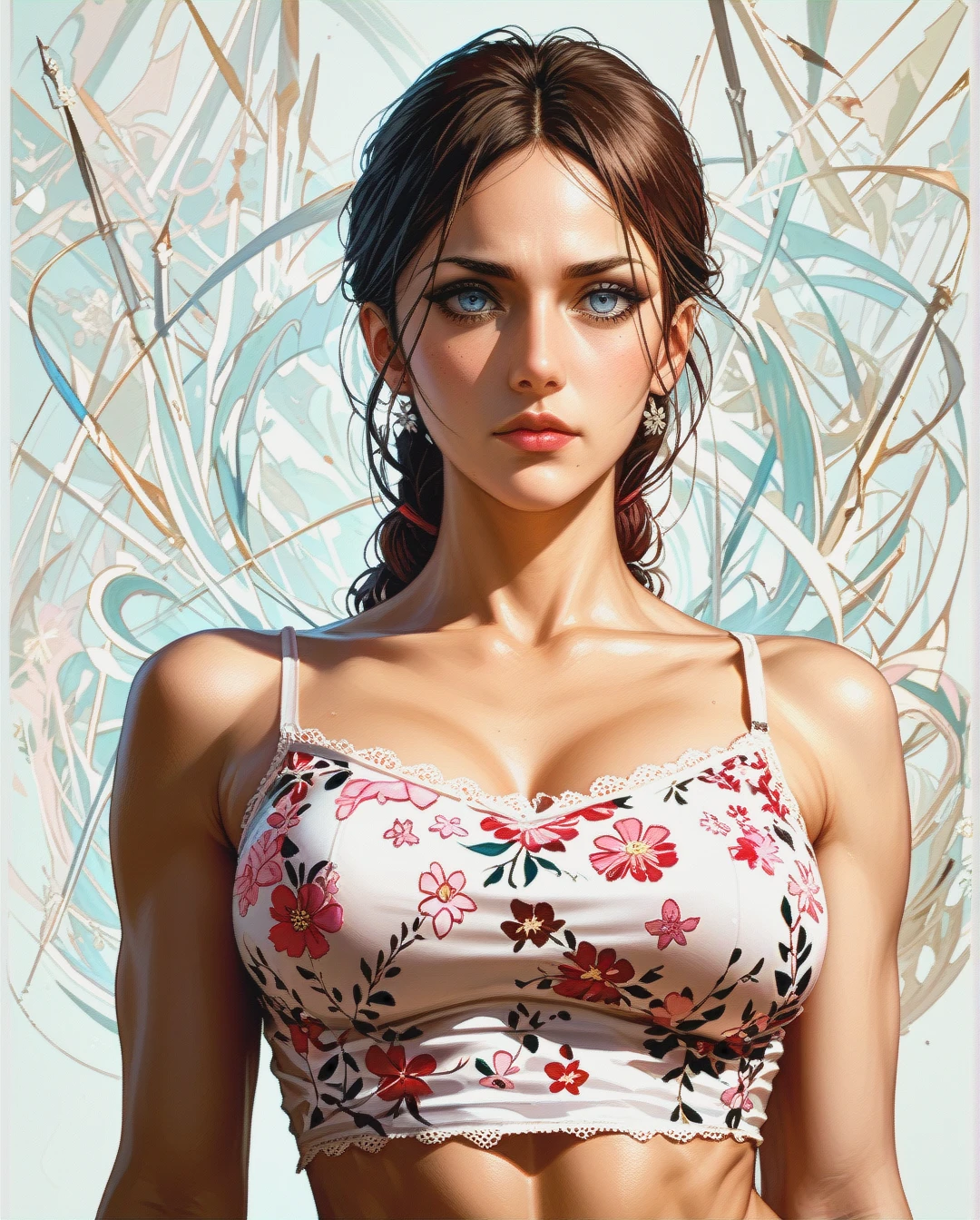 Katara mature attack on Titan , Realistic Realistic, crop top camisole pink floral,face