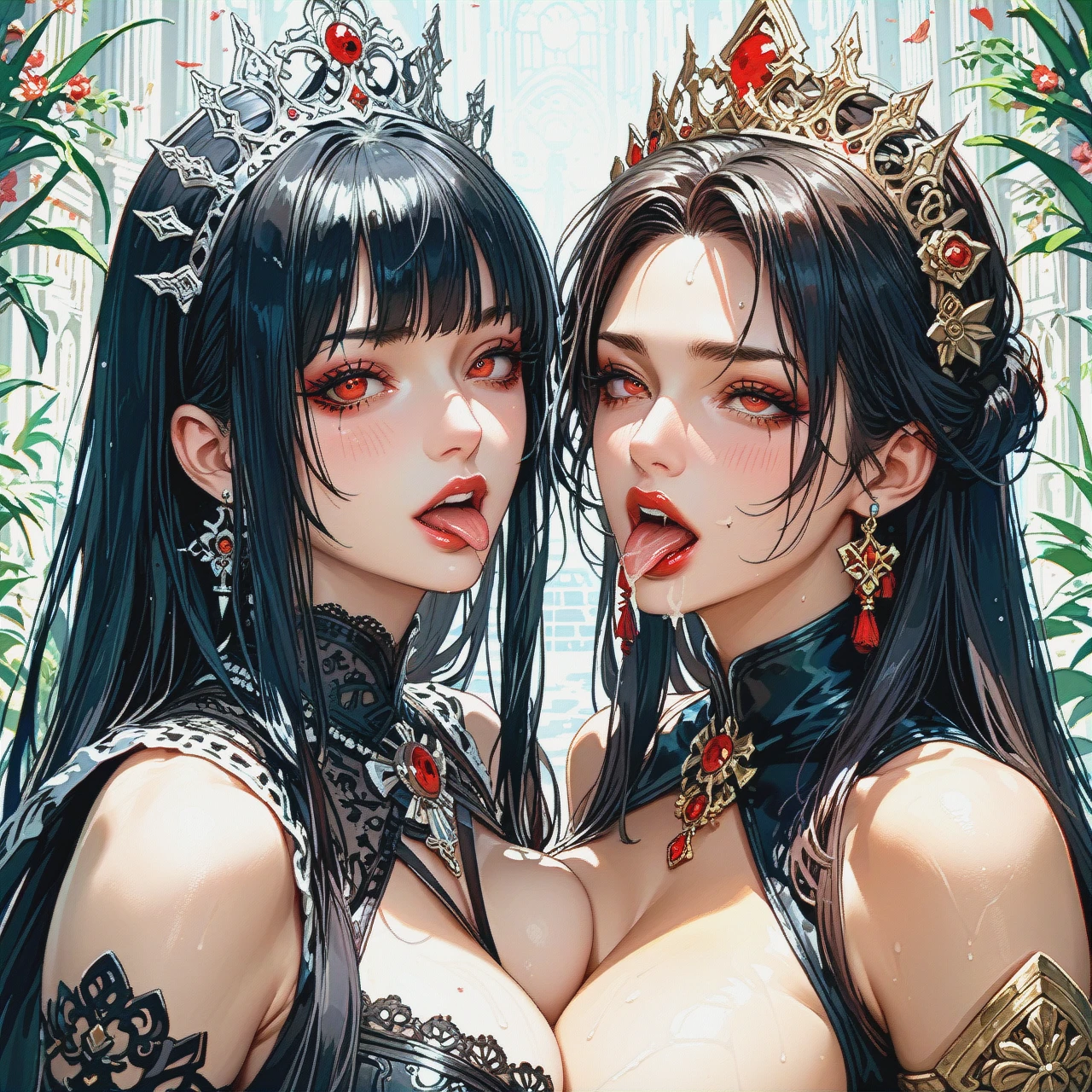 (breasts), queen, red eyes, dark hair, (eye_contact), 2 girls, ahegao