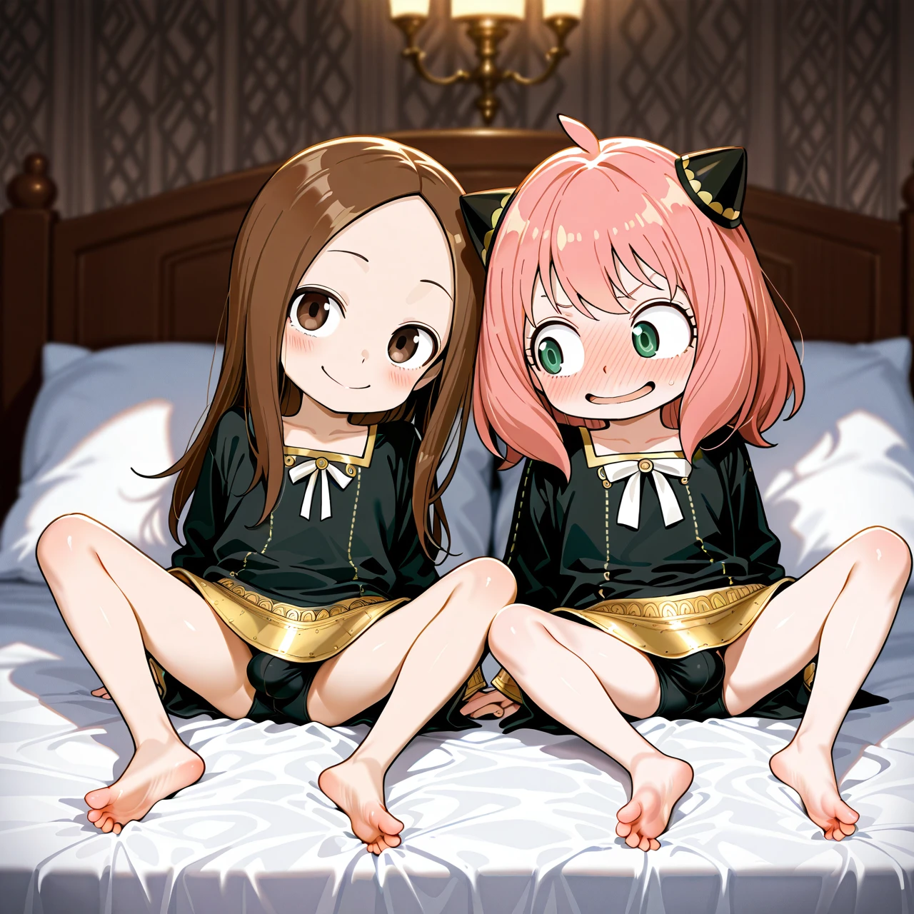 @anya, @takagi-san, (futanari) , (flustered) full size view (full_body) face, on bed, (smile) , 2futa, (spread_legs) They're lying together, and they're looking at me, in clothed