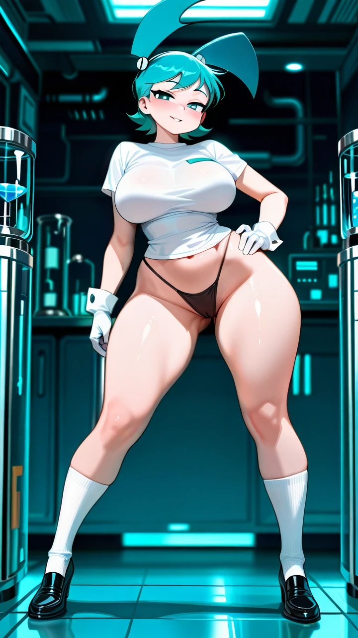 @jenny ,:G,relaxed eyes,(curvy) ,(large_breasts) ,big hips,white shirt,black string panties, stretched to the waist,white socks, standing,(legs_apart) , laboratory ,(hand_on_hip)