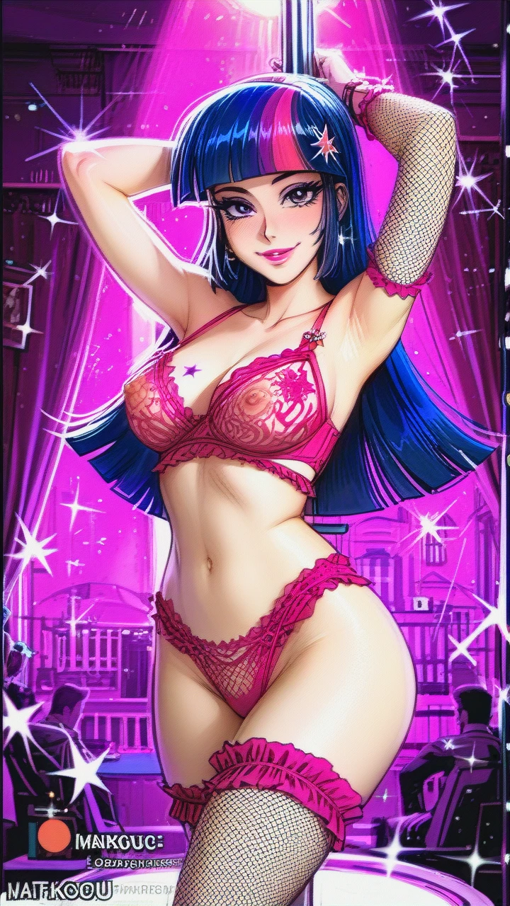 Twilight Sparkle (Equestria Girls) (sexy, curvy body, big tits, sparkles tattoo, pink lipstick, fishnet sleeves, fishnet stockings, see-through seductive lingerie, comfort smile face, pole dancing, girlfriend) (house, livingroom) (spread_legs)