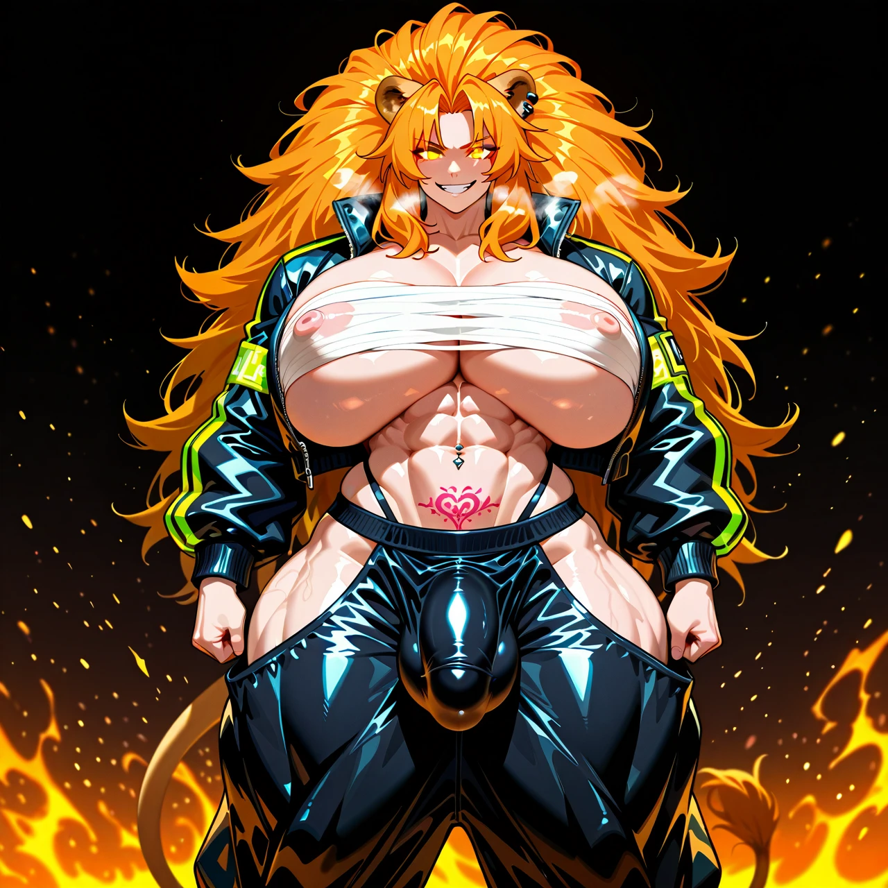 (lewdlimon), (solo), (lion girl), (futanari), (muscular futanari), (big muscles), (standing), (naughty), (grin), (heavy breathing), (open crop jacket), (sarashi), (huge erect nipples under clothes), (baggy pants), (hip vent), (penis bulge), (bulge through clothing), (bulge down leg), (navel piercing), (ear piercing), (crotch tattoo), (huge mane), (wild frizzy hair), (ginger hair), (glowing eyes), (abs), (gigantic breasts), (wide hips), (huge thighs), (huge cameltoe)