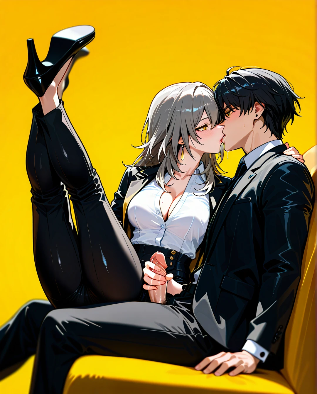 1boy, nude boy, 1girl, black jacket, black necktie, black pants, breasts, cleavage, collared shirt, dress shirt, earrings, formal, grey hair, hair between eyes, high-waist pants, classic jacket, jewelry, large breasts, long hair, long sleeves, medium breasts, necktie, open clothes, open jacket, classic pants, parted lips, shirt, shirt tucked in, stelle (honkai: star rail), suit, white shirt, yellow background, yellow eyes, heels, black tie, black socks, saliva, full body, (legs_up), (sitting), kissing, (handjob), (breasts_out),(clothed_female_nude_male), thighjob,