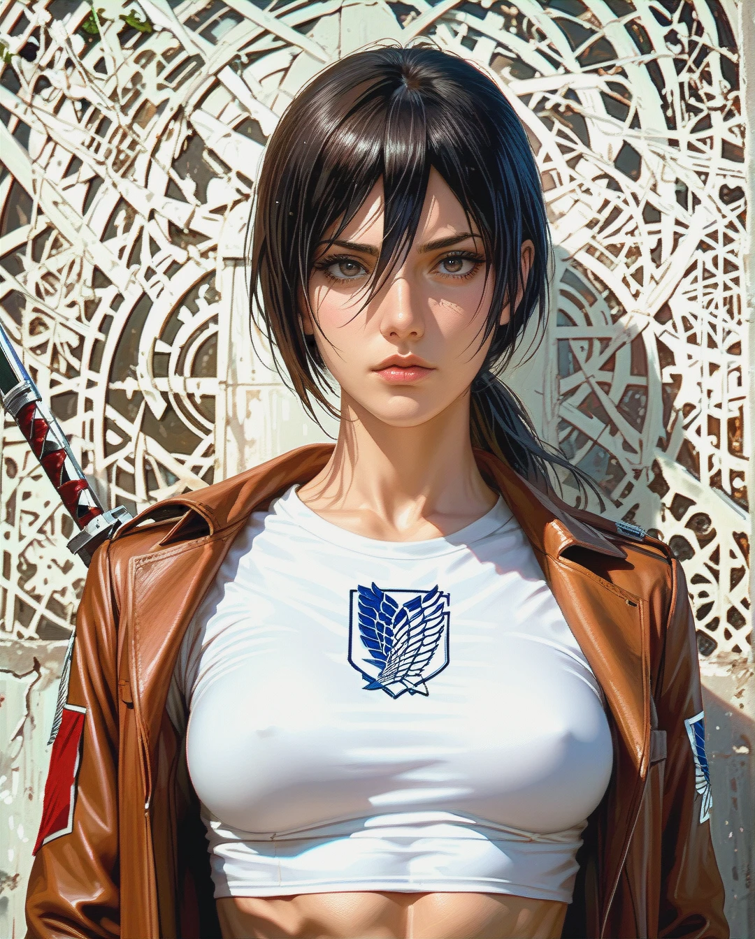 Mikasa Ackerman , clothes attack on Titan crop top, ponytail, Realistic Realistic,face