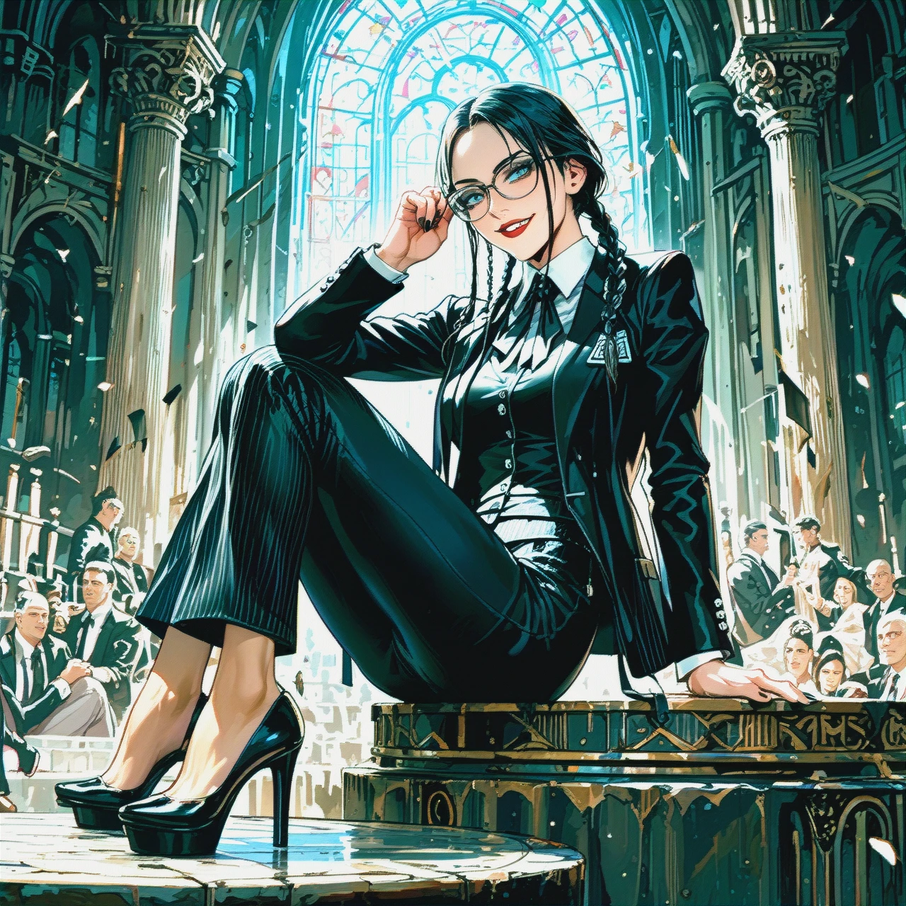 Wednesday Addams, sitting on a pedestal, smiling, glasses, jacket, trousers, high heels. Arena.