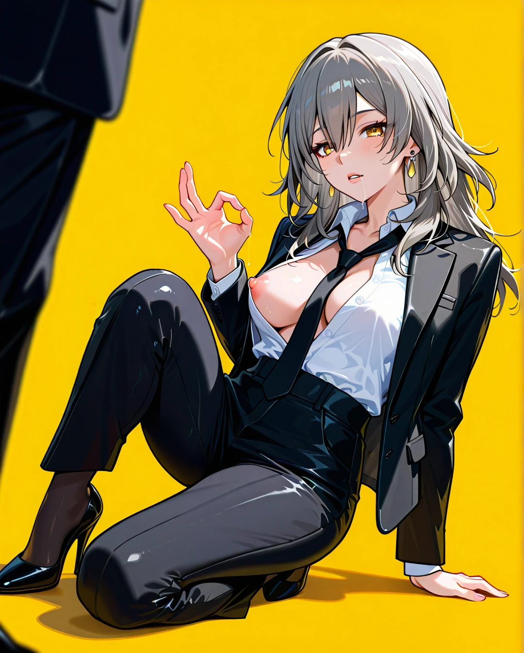 1girl, black jacket, black necktie, black pants, breasts, cleavage, collared shirt, dress shirt, earrings, formal, grey hair, hair between eyes, high-waist pants, classic jacket, jewelry, large breasts, long hair, long sleeves, medium breasts, necktie, open clothes, open jacket, classic pants, parted lips, shirt, shirt tucked in, stelle (honkai: star rail), suit, white shirt, yellow background, yellow eyes, heels, black tie, black stockings, saliva, full body,   (handjob_gesture),, (nipple_slip),