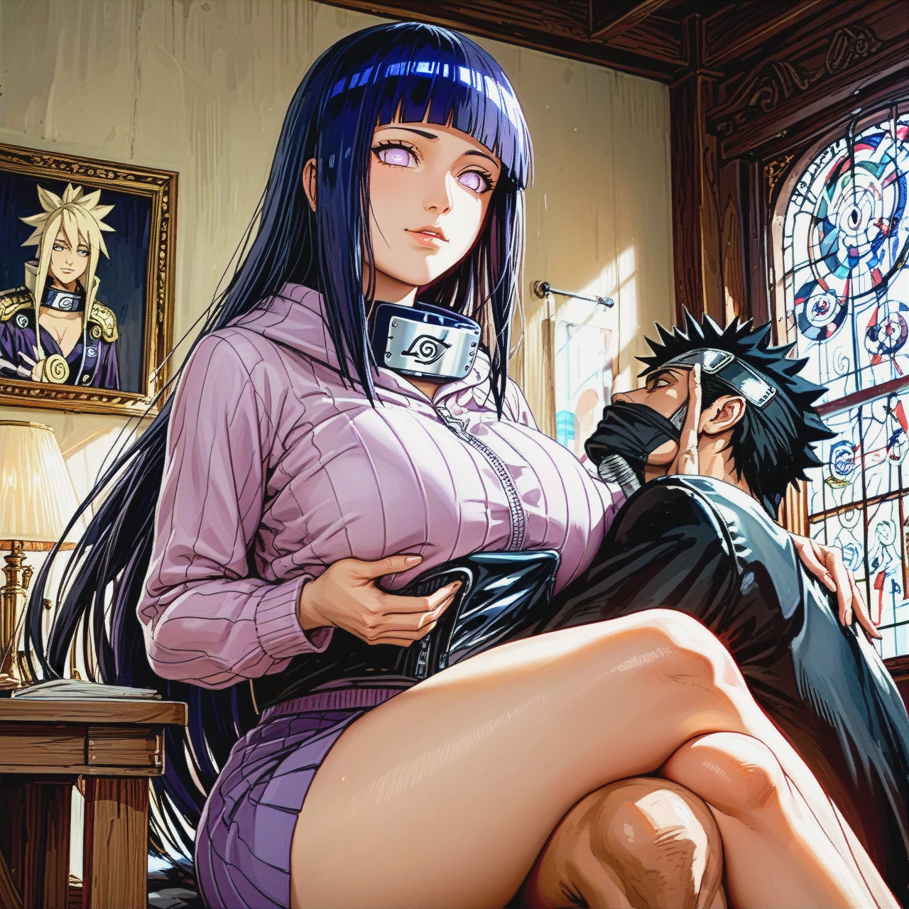 1boy, 1girl, (paizuri_under_clothes), (sitting), (crossed_legs), (femdom), (clothed_female_nude_male), @hyuuga_hinata