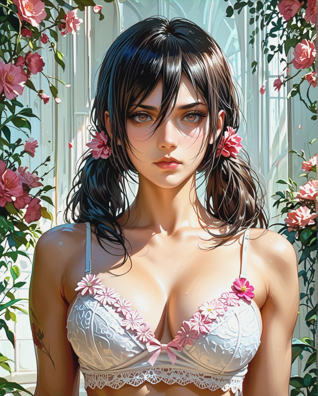 Mikasa Ackerman mature attack on Titan Twintails, Realistic Realistic,crop top camisole pink floral pulled up with white bra