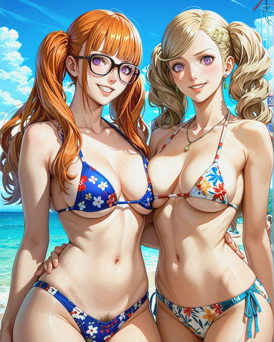 2 girls, @sakura_futaba with glasses, @takamaki_ann with blonde pigtails, cheeky grin, topless, bikini briefs, , pubic hair,