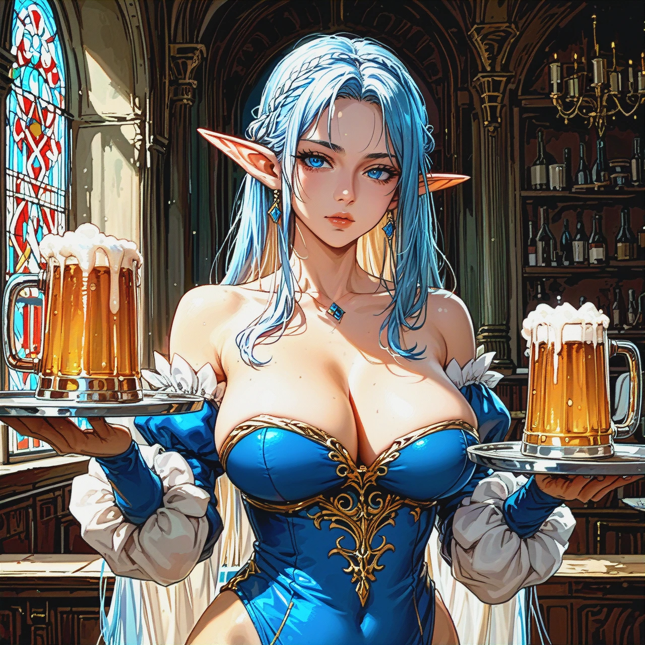 1girl bare_shoulders beer_mug blue_eyes breasts character_profile cleavage collarbone cowboy_shot cup detached_sleeves diadem elf half-closed_eyes highres holding holding_tray juliet_sleeves large_breasts long_hair long_sleeves mug no_panties pointy_ears puffy_sleeves simple_background solo tray