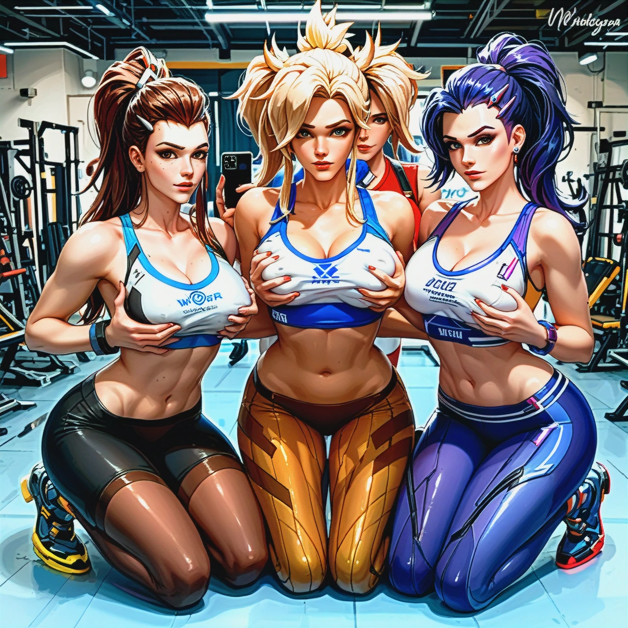 @brigitte @sombra @tracer @widowmaker @mercy (orgy) leggings (teamwork) (grabbing) (guided_breast_grab) many girls  selfie gym (kneeling)