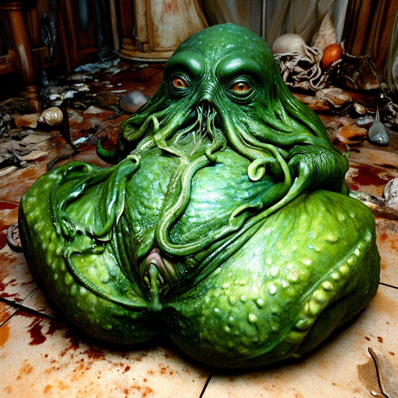 Photo of a gorgeous romulan woman 42-years-old and CTHULHU, togheter are enclosed in a sealed, sterile, aseptic and futuristic room which purpose is experimentate cross-species mating, Romulan woman is lying down to the linoleum floor of the room with legs open and up,missionary position, CTHULHU  is positioned his body over her and between her legs, they mate, she get pregnant.