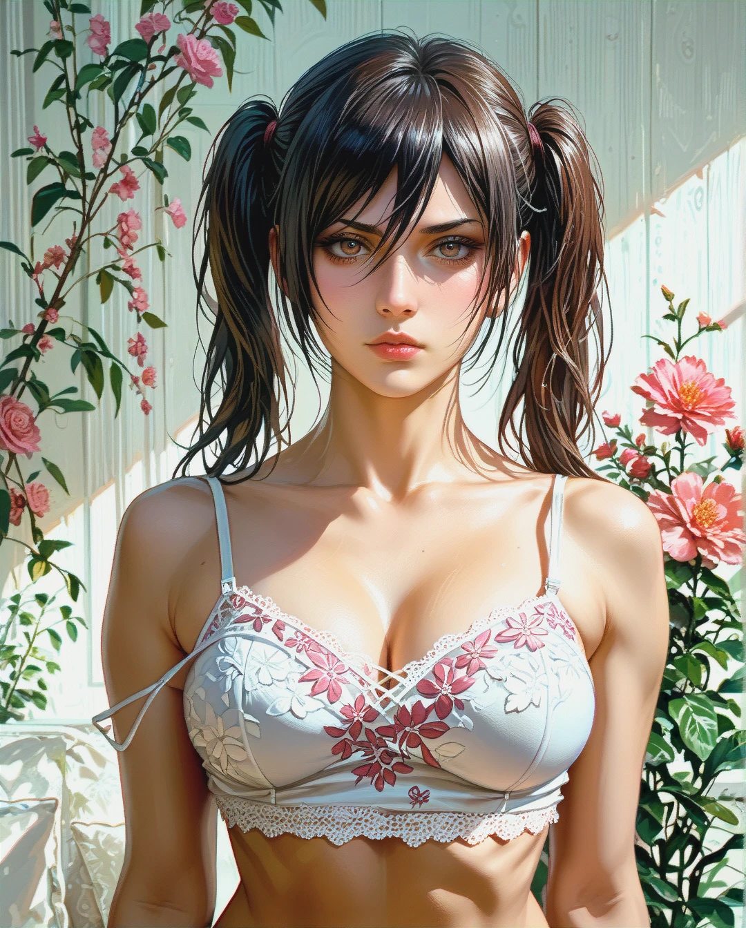 Mikasa Ackerman mature attack on Titan Twintails, Realistic Realistic,crop top camisole pink floral pulled up with white bra