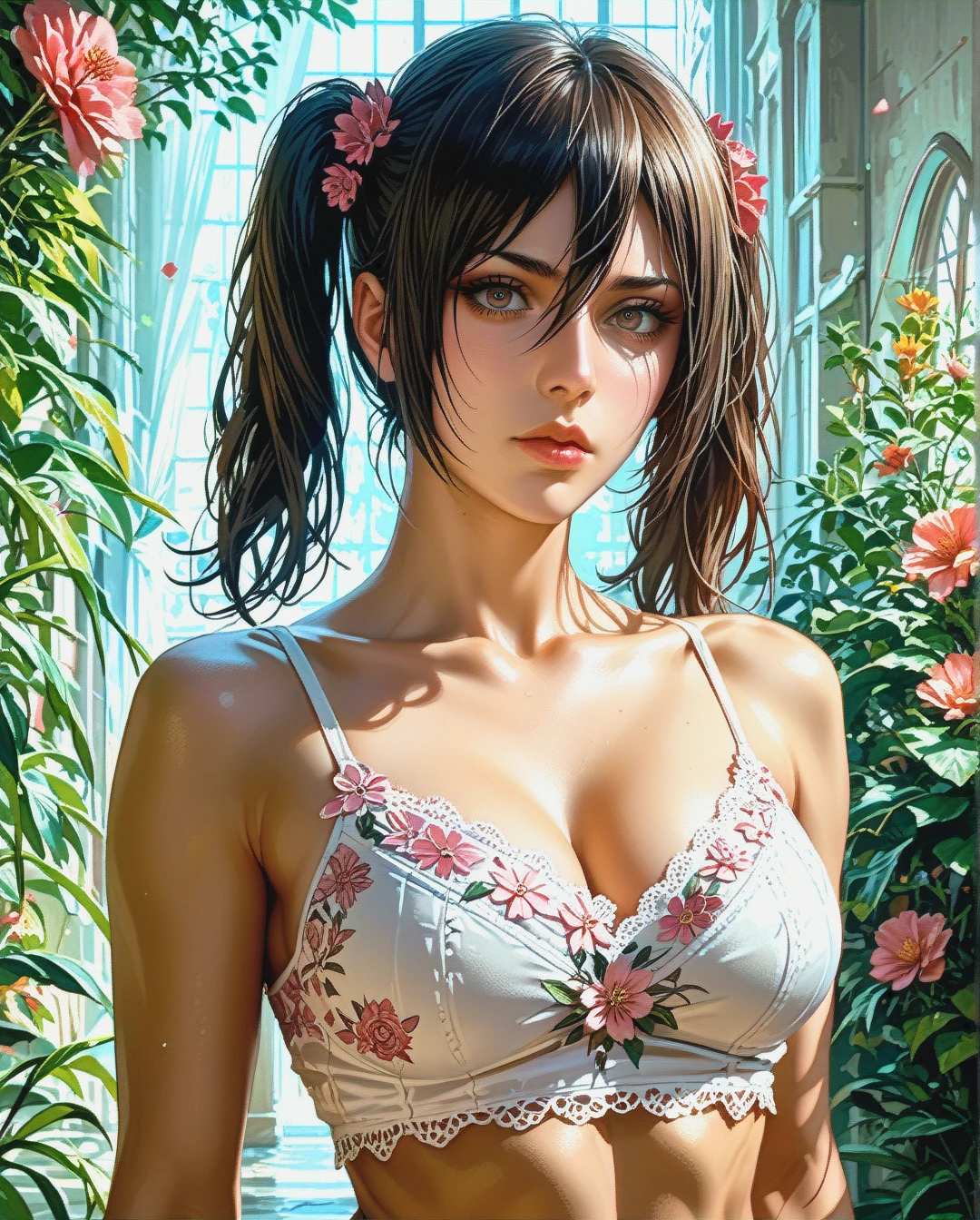 Mikasa Ackerman mature attack on Titan Twintails, Realistic Realistic,crop top camisole pink floral pulled up with white bra