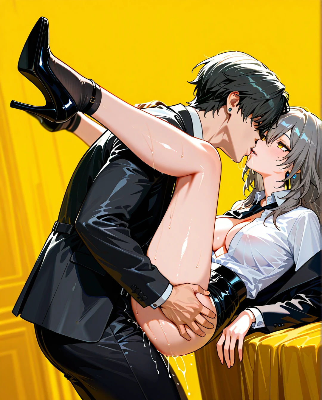 1boy, nude boy, 1girl, black jacket, black necktie, black pants, breasts, cleavage, collared shirt, dress shirt, earrings, formal, grey hair, hair between eyes, high-waist pants, classic jacket, jewelry, large breasts, long hair, long sleeves, medium breasts, necktie, open clothes, open jacket, classic pants, parted lips, shirt, shirt tucked in, stelle (honkai: star rail), suit, white shirt, yellow background, yellow eyes, heels, black tie, black socks, saliva, full body, (legs_up), kissing, (breasts_out),(clothed_female_nude_male), thighjob, sex on weight