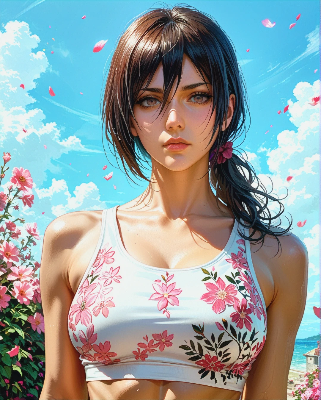 Mikasa Ackerman mature attack on Titan crop top ponytail, Realistic Realistic, pink floral,face