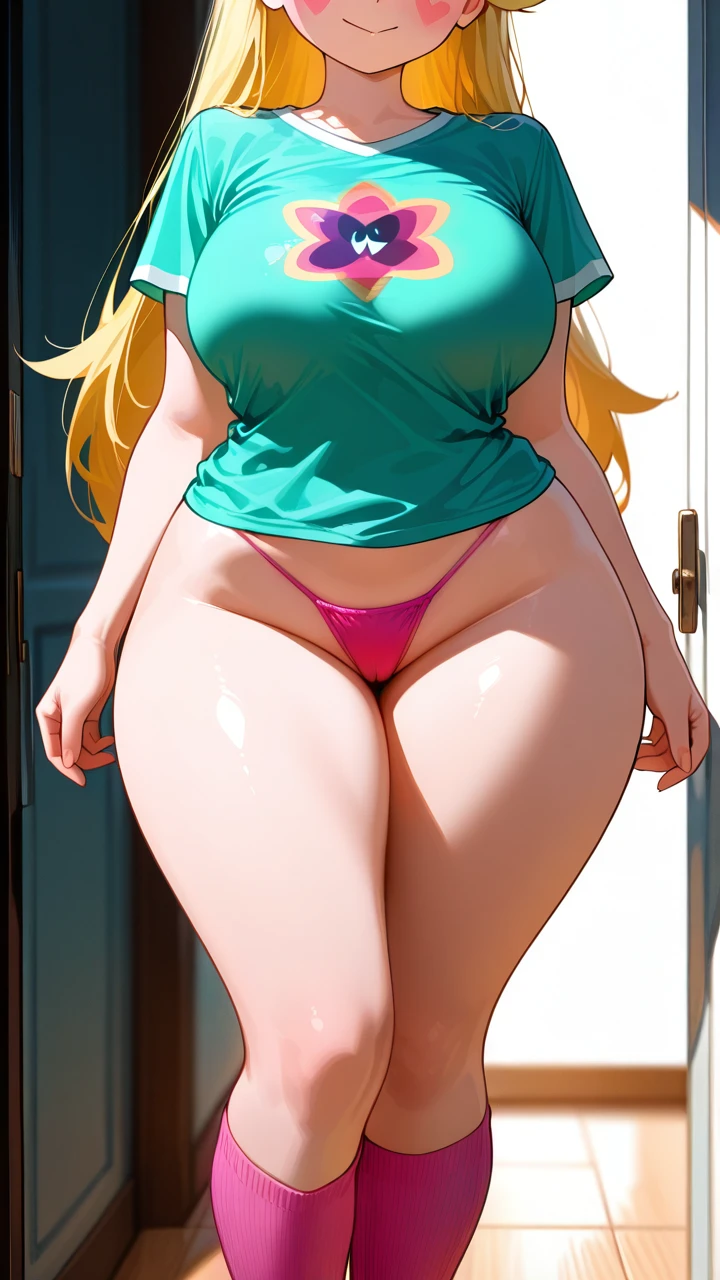 @star_butterfly,:> , standing ,(curvy),(large_breasts) ,big hips,(arms_at_sides) ,pink string panties,pink socks, light green shirt,