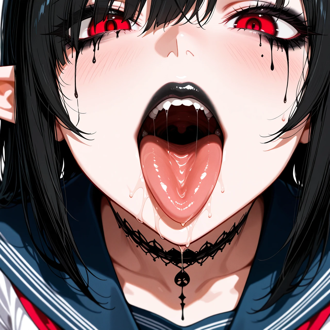 best quality, (oral_invitation), makeup, elf ears, emo girl, red eyes, perfect face,leaking mascara, sexy face, black hair, school uniform, detailed throat, face focus, black lips, dick in the face