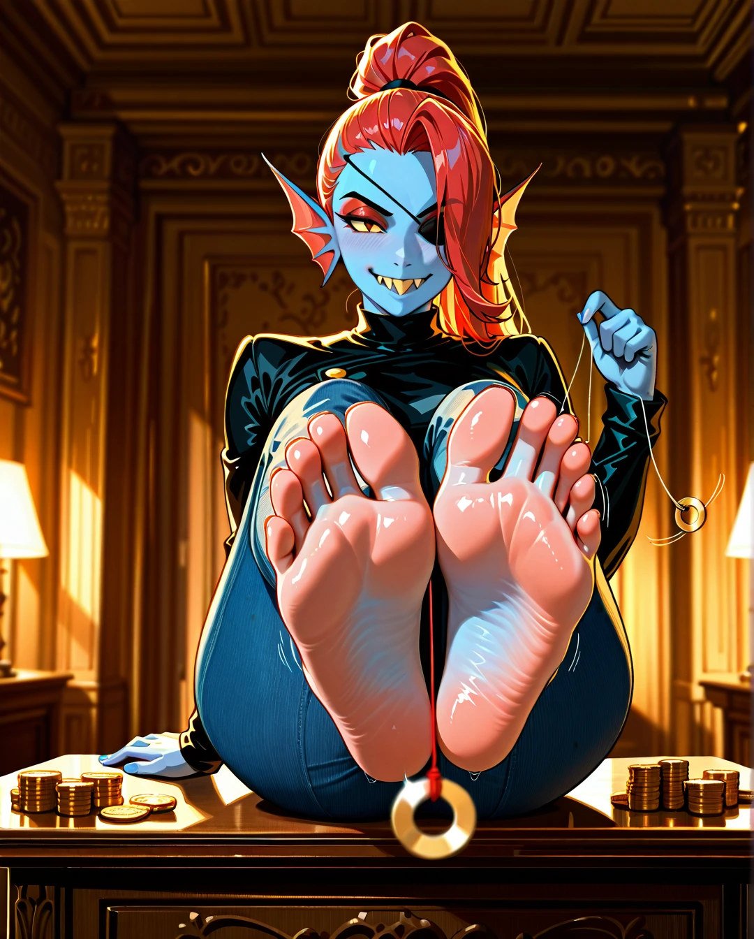 1 girls,  @undyne sits on the desk, she is holding a hypnotic pendulum, captivating the viewer with a hypnotic feet , drawing viewer in, as she sways hypnotic pendulum The focus  is on her mesmerizing feet,  The wrinkled soles add a touch of realism, enhancing the femdom element of the scene. The spiraling background creates a dizzying yet alluring effect, complementing undyne's enchanting soles This high-quality, absurdly detailed masterpiece exudes a sense of seductive power, as if the viewer is being brainwashed by her sexy feet pendulum, coin on string, holding string, hand up, looking at viewer, afterimage